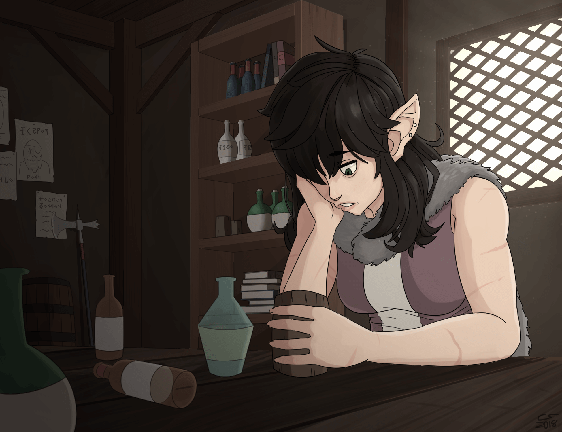 Illustration of a muscular half-elven woman looking depressed in a dimly-lit tavern. She's surrounded by empty bottles.